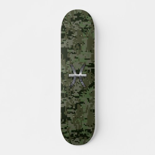 Pisces Zodiac Symbol Woodland Green Digital Camo Skateboard Deck