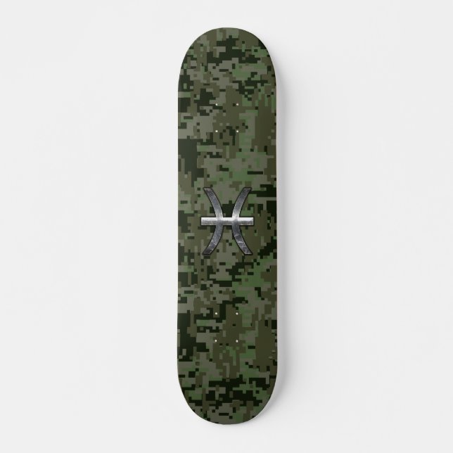 Pisces Zodiac Symbol Woodland Green Digital Camo Skateboard Deck (Front)