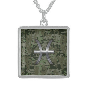 Pisces Zodiac Symbol Woodland Green Digital Camo Sterling Silver Necklace