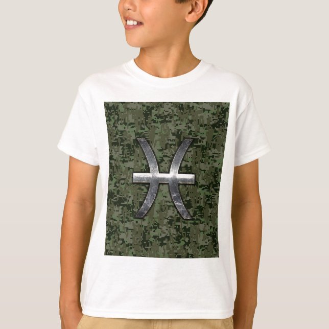 Pisces Zodiac Symbol Woodland Green Digital Camo T-Shirt (Front)