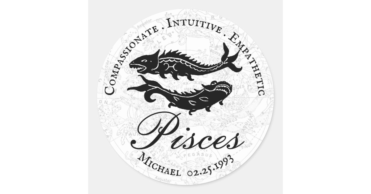 Pisces Zodiac Traits Astrology Black White Custom Classic Round Sticker | Zazzle Pisces Zodiac Traits Astrology Black White Custom Classic Round Sticker | Zazzle