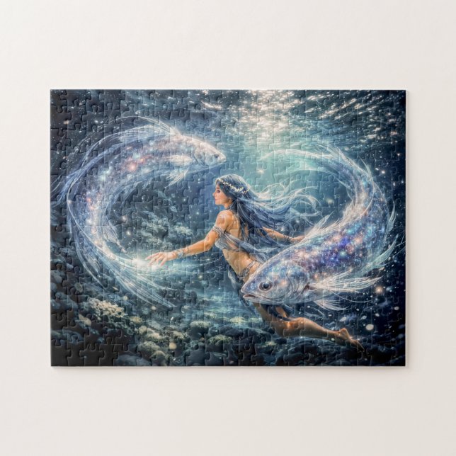 Pisces Zodiac with Woman Surrounded by Two Glowing Jigsaw Puzzle (Horizontal)