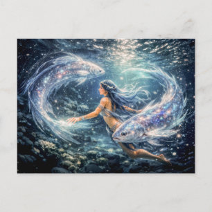 Pisces Zodiac with Woman Surrounded by Two Glowing Postcard