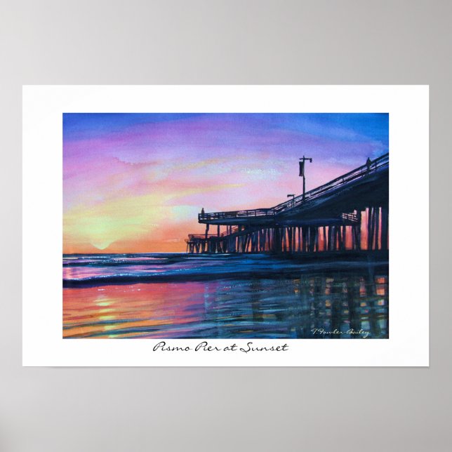 Pismo Pier at Sunset Original WAtercolor Poster (Front)
