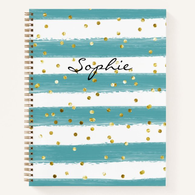 Pistachio and White Stripes Gold Glitter Custom Notebook (Front)