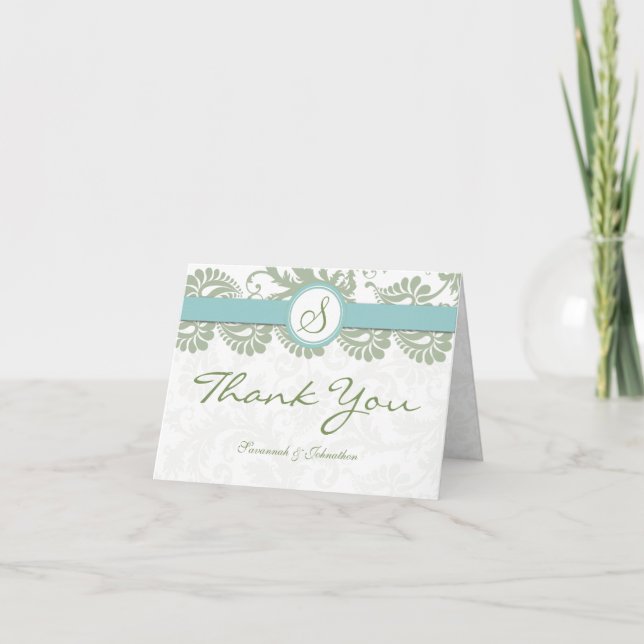 Pistachio Clover Aqua Damask Thank You Card (Front)
