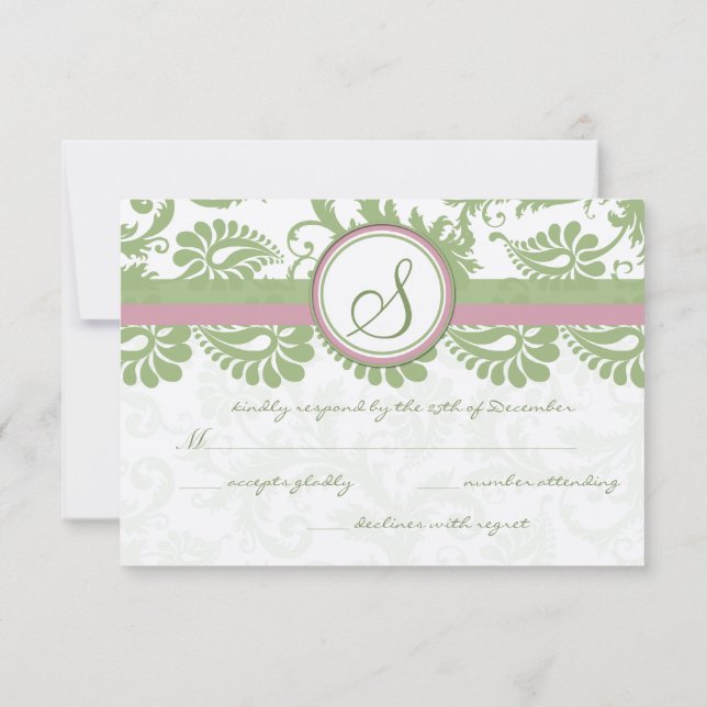 Pistachio Clover Pink Lavender Damask Wedding RSVP (Back)