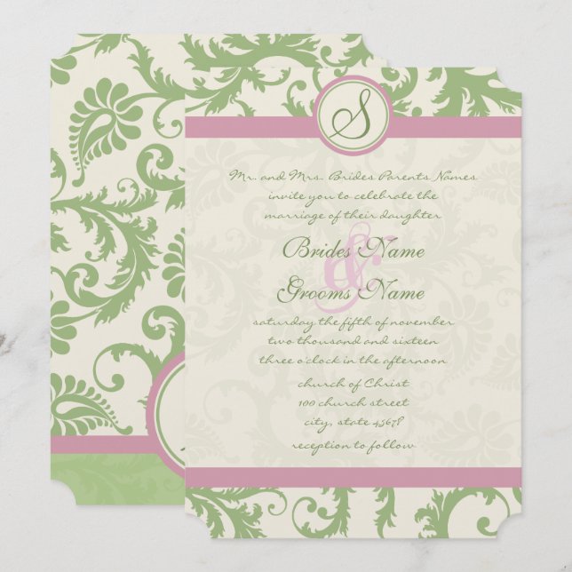 Pistachio Clover Rose Petal Damask Wedding Invite (Front/Back)