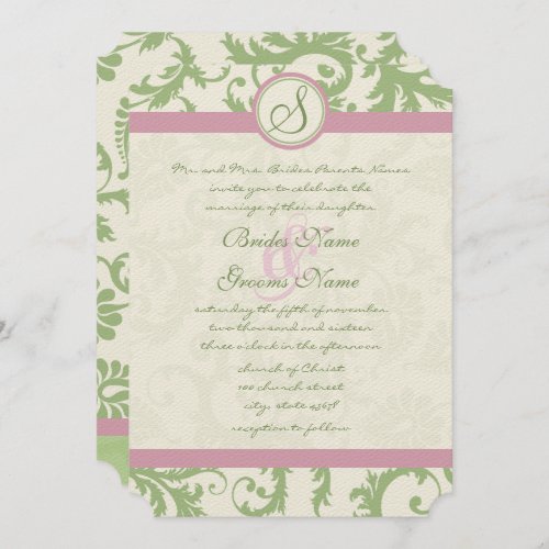 Pistachio Clover Rose Petal Damask Wedding Invite