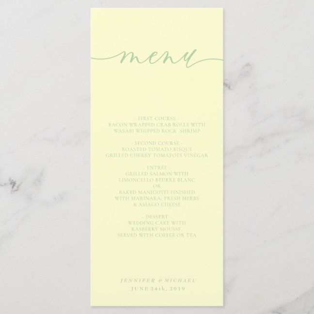 Pistachio Cream Simple Script Wedding Dinner Menu