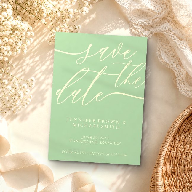 Pistachio & Cream Wedding Custom Photo Calligraphy Save The Date
