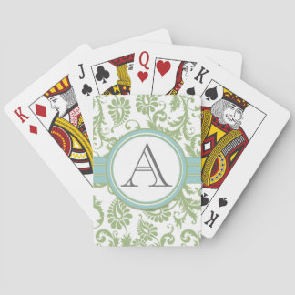 Pistachio Damask Monogramed Aqua Playing Cards