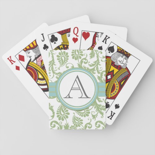Pistachio Damask Monogramed Aqua Playing Cards