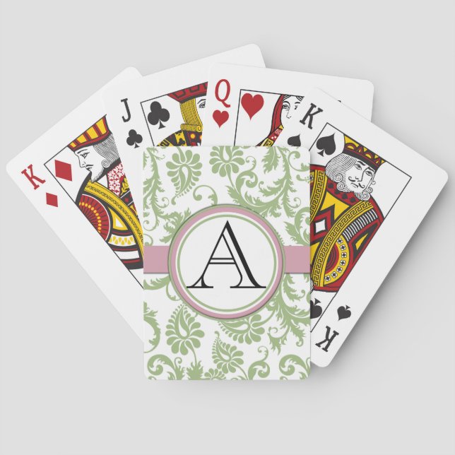 Pistachio Damask Monogrammed  Pink Playing Cards (Back)