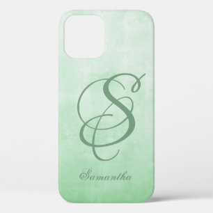 Pistachio Gray stylish rustic monogram iPhone 12 Case