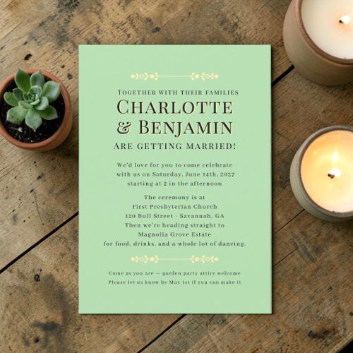Pistachio Green Casual Wedding botanical flourish Invitation