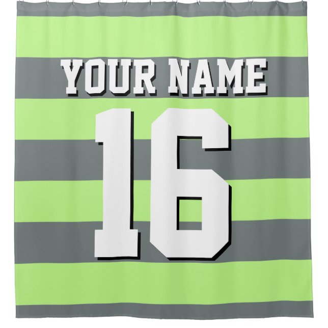 Pistachio Green Charcoal Sports Jersey Stripe Shower Curtain (Front)