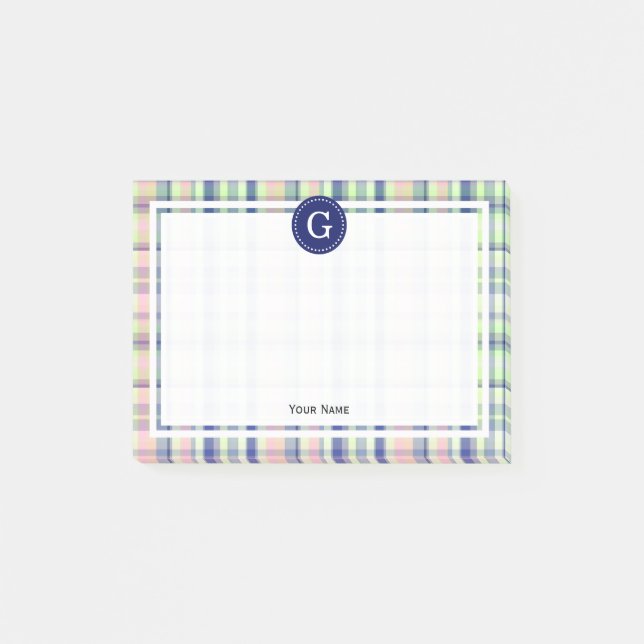 Pistachio Green Navy Pink Madras Plaid #21IR Frame Post-it Notes (Front)