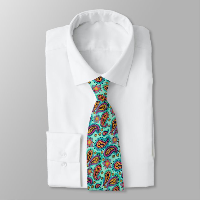 Pistachio Green Orange Paisley Pattern Neck Tie (Tied)