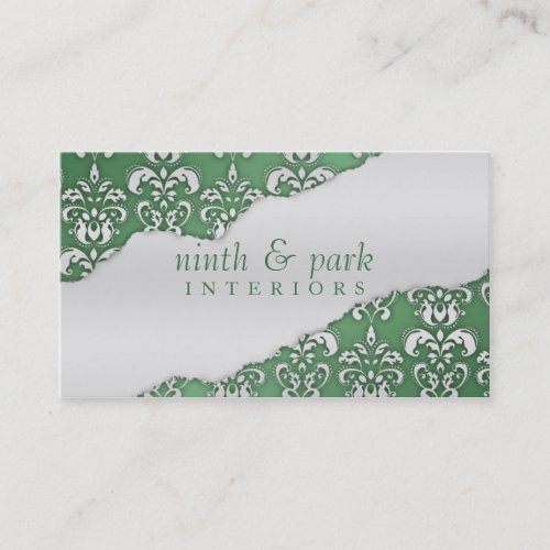 Pistachio Green Ripped Damask Interior Design Business Card