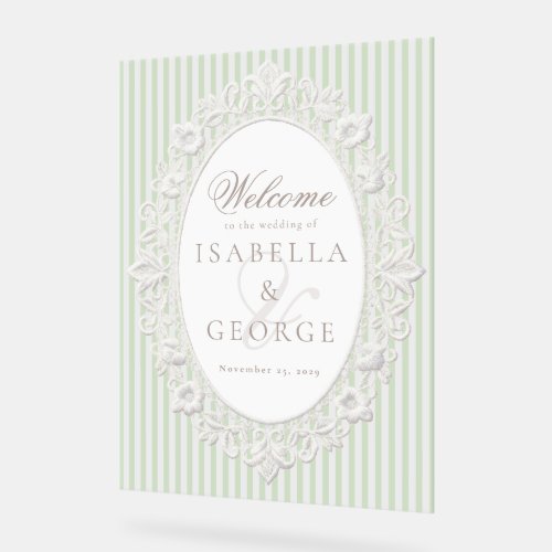Pistachio Green Stripes Lace Wedding Welcome Acrylic Sign