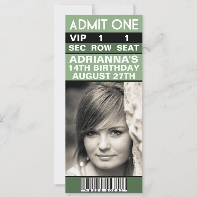 Pistachio Green VIP Photo Ticket Birthday Party Invitation (Front)