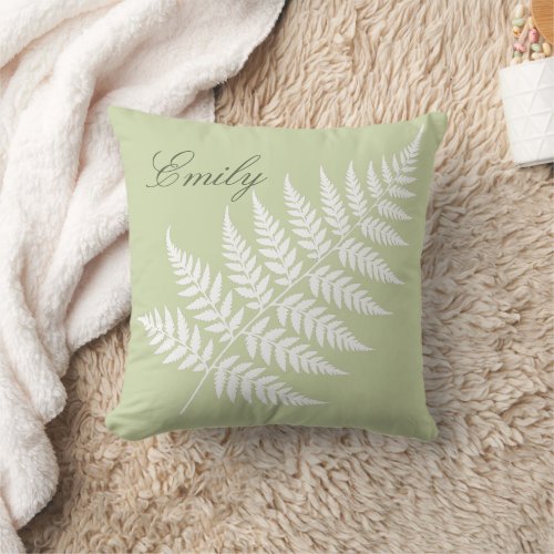 Pistachio Green White Fern Elegant Script Name Throw Pillow