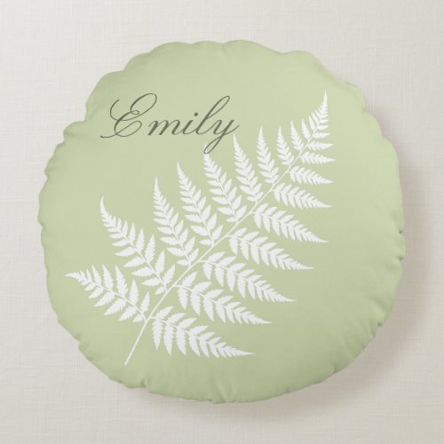 Pistachio Green White Fern Flowing Script Name Round Pillow