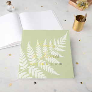 Pistachio Green White Fern Refined Square Gold Foil Guest Book
