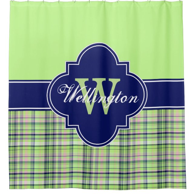 Pistachio Navy Pink Madras Plaid 1ICB Ribbon Name Shower Curtain (Front)