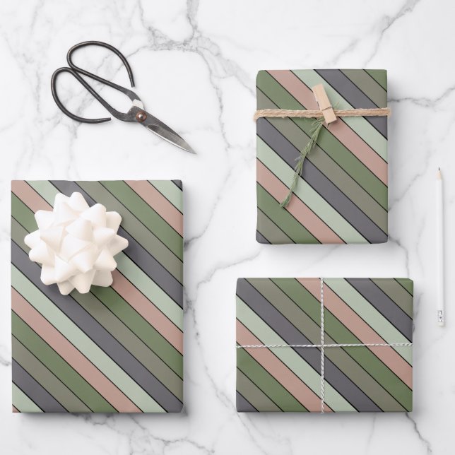 Pistachio Nut Shell Green Peach Purple Stripes  Wrapping Paper Sheets (Front)