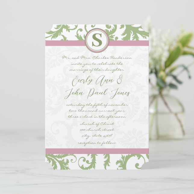 Pistachio Pink Lavender Damask Wedding Invite (Standing Front)