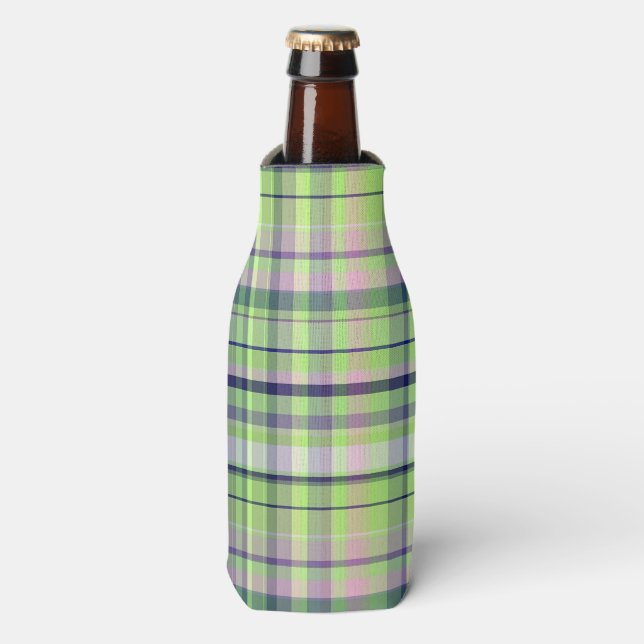 Pistachio Pink Navy Wht Preppy Madras Bottle Cooler (Bottle Front)
