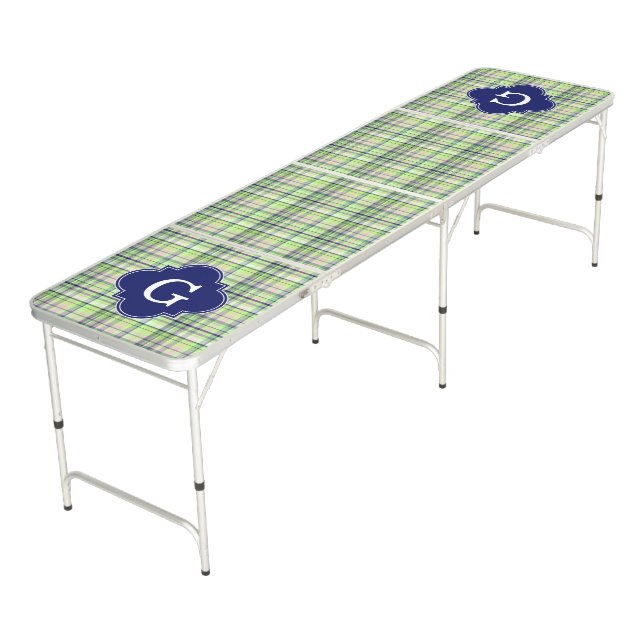 Pistachio Pink Navy Wht Preppy Madras Monogram Beer Pong Table (Angled)