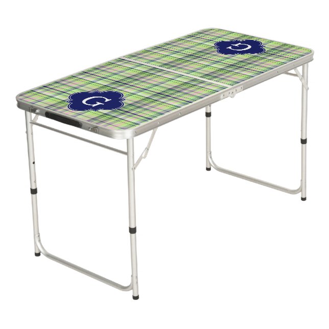 Pistachio Pink Navy Wht Preppy Madras Monogram Beer Pong Table (Angled)