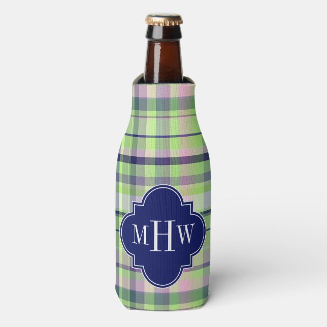 Pistachio Pink Navy Wht Preppy Madras Monogram Bottle Cooler (Bottle Front)