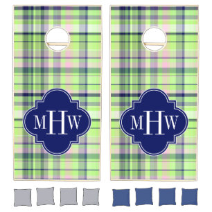 Pistachio Pink Navy Wht Preppy Madras Monogram Cornhole Set
