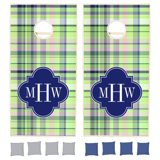 Pistachio Pink Navy Wht Preppy Madras Monogram Cornhole Set (Set)