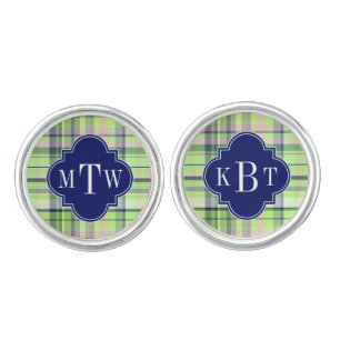 Pistachio Pink Navy Wht Preppy Madras Monogram Cufflinks