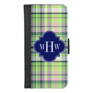 Pistachio Pink Navy Wht Preppy Madras Monogram iPhone 8/7 Wallet Case