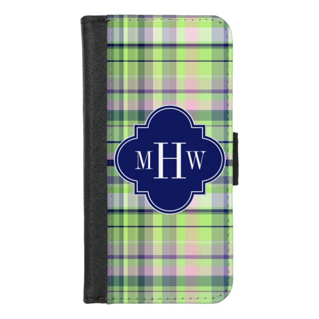 Pistachio Pink Navy Wht Preppy Madras Monogram iPhone Wallet Case (Front)
