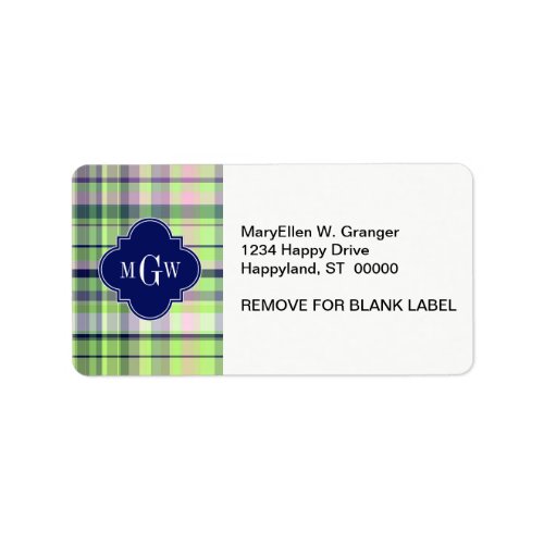 Pistachio Pink Navy Wht Preppy Madras Monogram Label