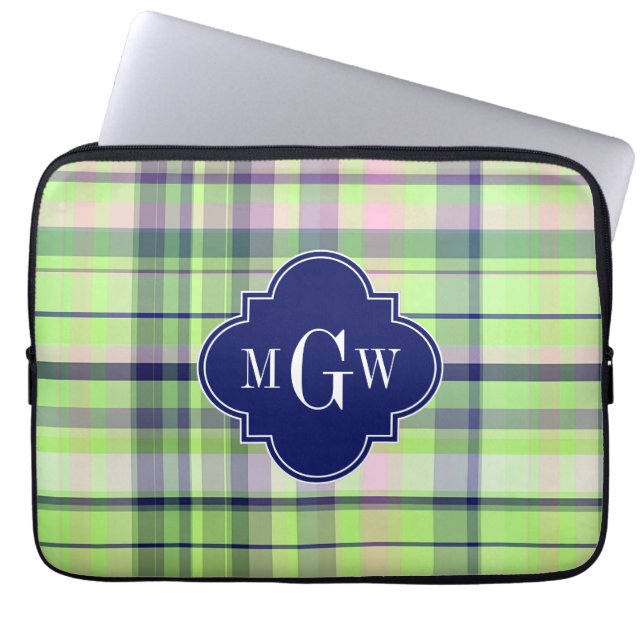 Pistachio Pink Navy Wht Preppy Madras Monogram Laptop Sleeve (Front)