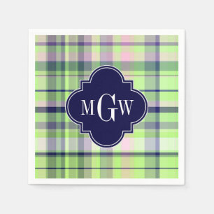Pistachio Pink Navy Wht Preppy Madras Monogram Napkins