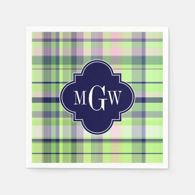 Pistachio Pink Navy Wht Preppy Madras Monogram Napkins (Front)