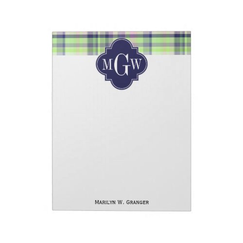 Pistachio Pink Navy Wht Preppy Madras Monogram Notepad