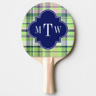 Pistachio Pink Navy Wht Preppy Madras Monogram Ping Pong Paddle