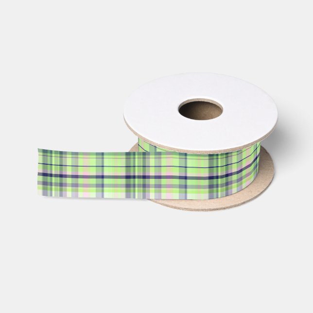 Pistachio Pink Navy Wht Preppy Madras Satin Ribbon (Spool)