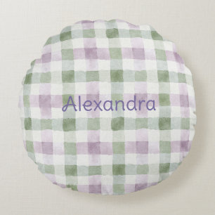 Pistachio Plaid Stripes Lavender Faux Glitter Round Pillow
