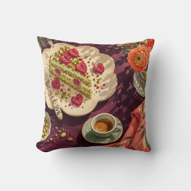 Pistachio Raspberry Cake Espresso Plum Tea Table Throw Pillow (Front)